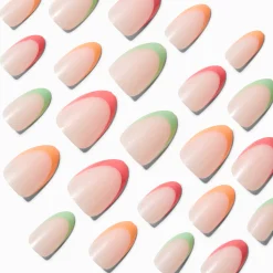 Pink, Orange & Green French Tip Short Almond Vegan Faux Nails - 24 Pack