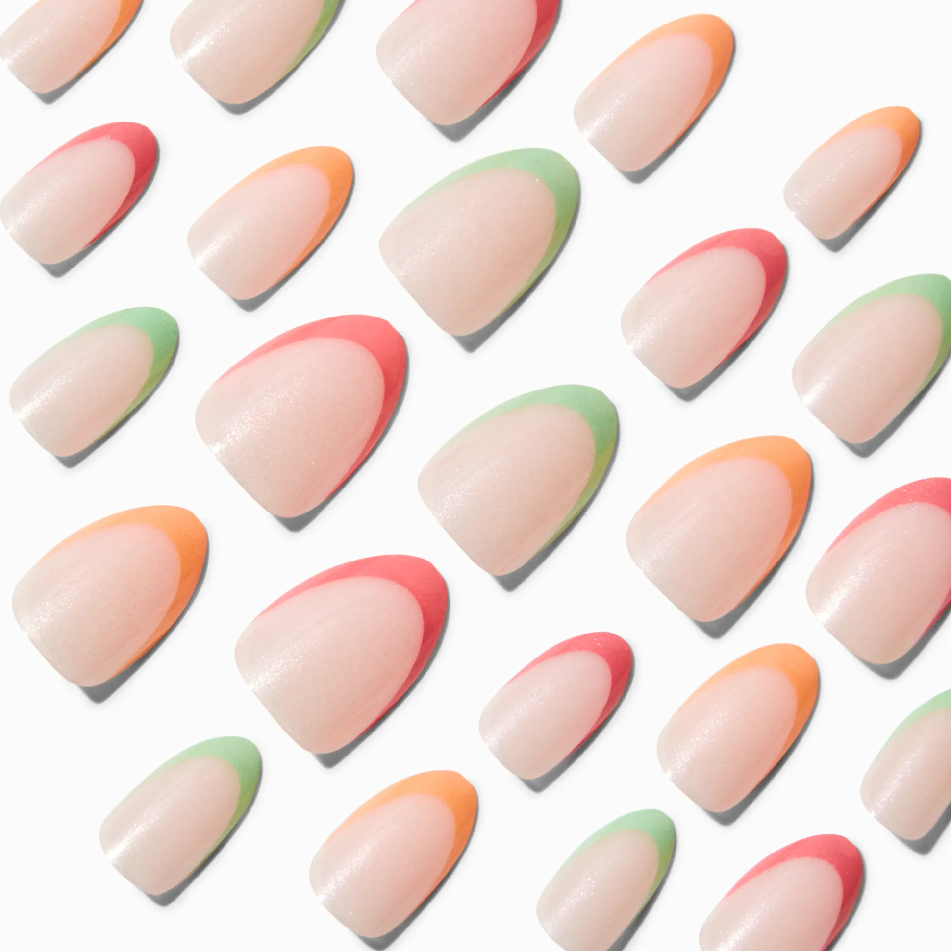 Pink, Orange & Green French Tip Short Almond Vegan Faux Nails - 24 Pack