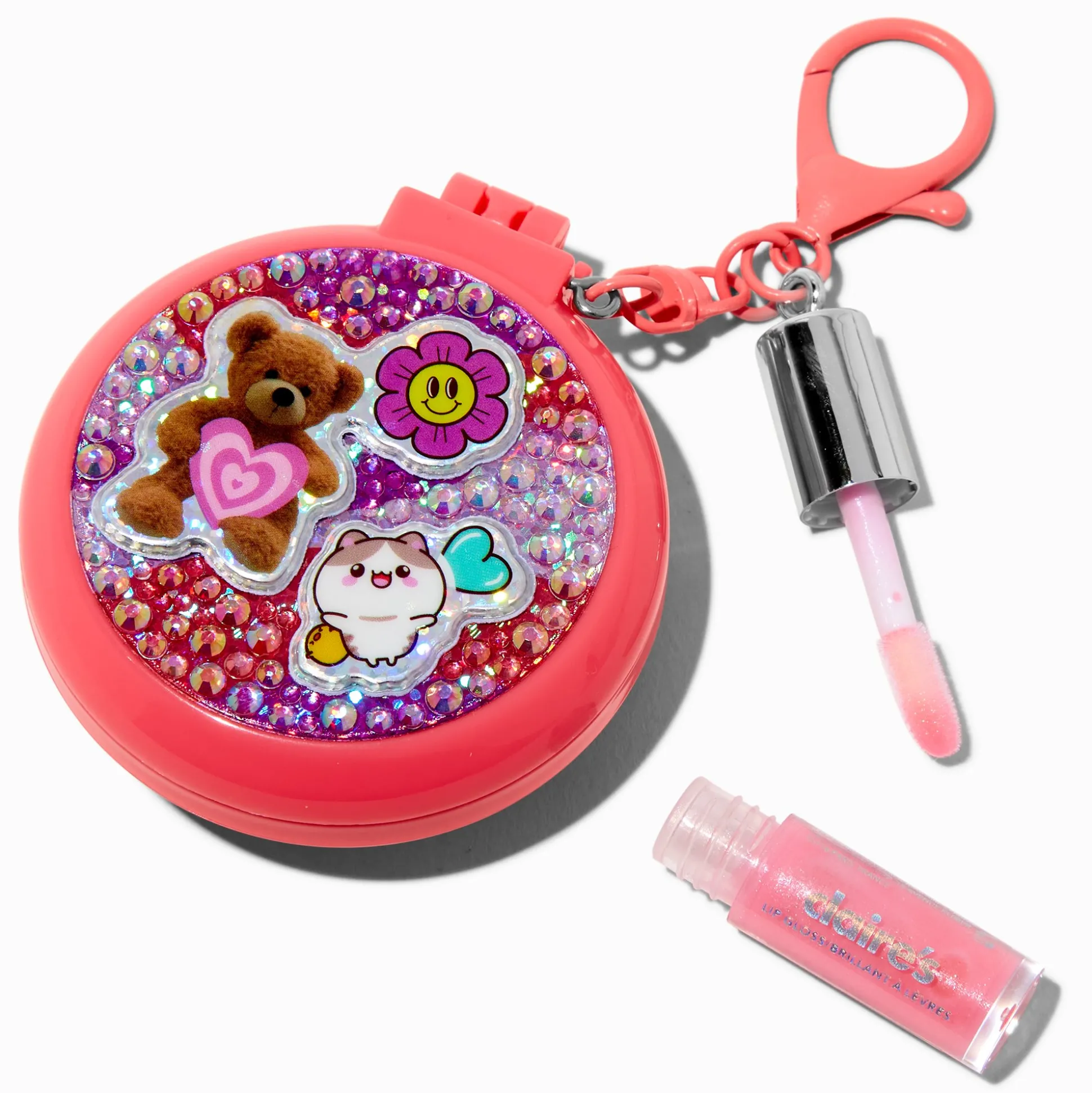 Pink Sticker Club Hair Brush & Lip Gloss Keyring