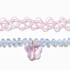 Pink Tattoo & Blue Beaded Butterfly Choker Necklaces - 2 Pack
