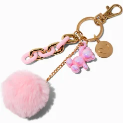 Porte-clés à breloque nounours couleur chromée pompon rose