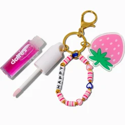Porte-clés bracelet gloss breloque fraise « Happy »