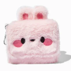 Porte-monnaie dépliant en fausse fourrure motif lapin rose