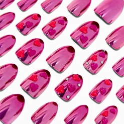 Puffy Heart Pink Chrome Short Almond Vegan Faux Nail Set - 24 Pack