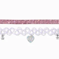 Ras-de-cou cœur effet tatouage violet et strass roses - Lot de 2