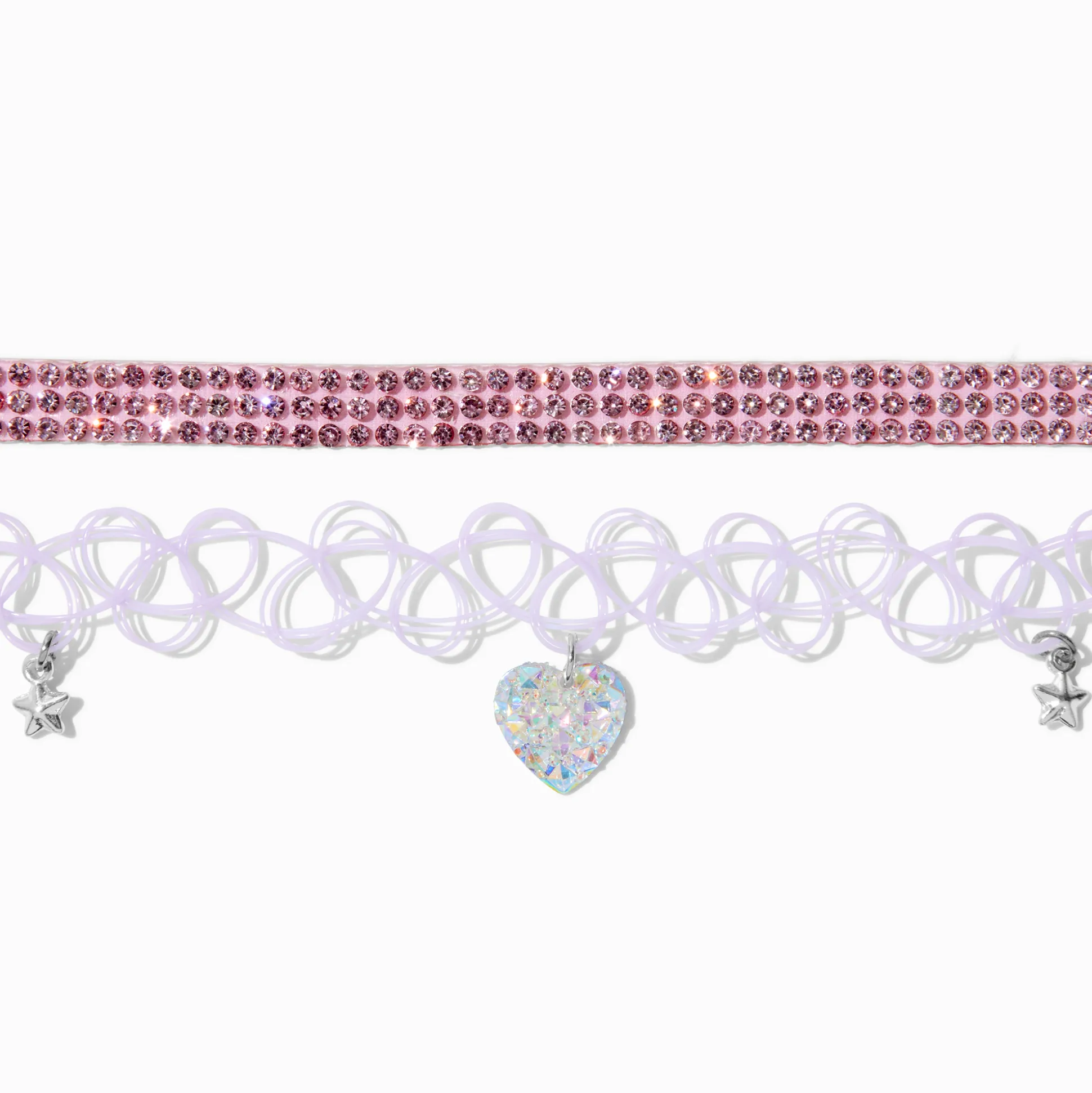 Ras-de-cou cœur effet tatouage violet et strass roses - Lot de 2