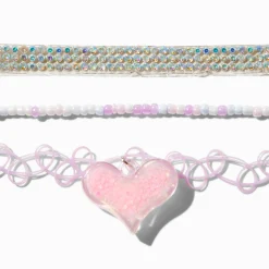 Ras-de-cou cœur rose et bande iridescente - Lot de 3
