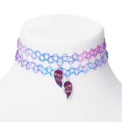 Ras-de-cou effet tatouage best friends cœur violet et bleu - Lot de 2