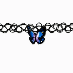 Ras-de-cou effet tatouage noir avec pendentif papillon 3D