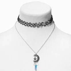 Ras-de-cou effet tatouage noir et pendentif strass mystique bleu croissant de lune - Lot de 2