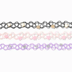 Ras-de-cou effet tatouage perlé floral et cœur - Lot de 3