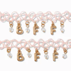 Ras-de-cou effet tatouage rose lettre bulle couleur dorée Best friends - Lot de 2