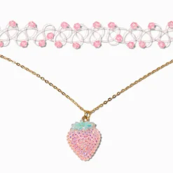 Ras-de-cou pendentif strass fraise et ras-de-cou effet tatouage perlé strass rose - Lot de 2