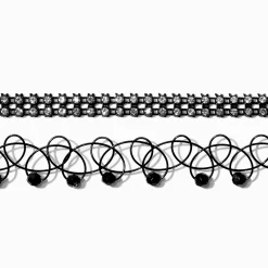 Ras-de-cou perlés effet tatouage noir et strass noirs - Lot de 2