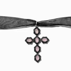 Ras-de-cou ruban noir à pendentif croix en filigrane violet