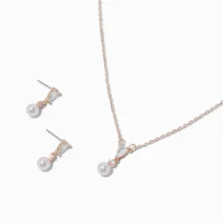 Rose Gold-tone Cubic Zirconia Blush Pink Pearl Jewelry Set - 2 Pack