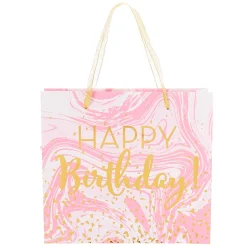 Sac cadeau effet marbré Joyeux Anniversaire taille moyenne - Rose