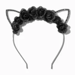 Serre-tête à oreilles de chat strass et fleurs noir