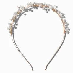 Serre-tête couleur dorée perles d'imitation et fleurs blanches