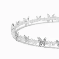 Serre-tête perles d'imitation et papillon en strass couleur argentée