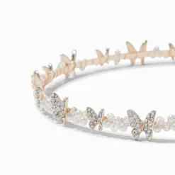 Serre-tête perles d'imitation et papillon en strass couleur doré rose