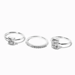 Silver-tone Crystal Geometric Rings Stack - 3 Pack