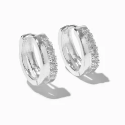 Silver-tone Cubic Zirconia 10mm Pavé Double Clicker Hoop Earrings