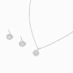 Silver-tone Cubic Zirconia Round Halo Jewelry Set - 2 Pack