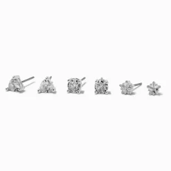 Silver-tone Cubic Zirconia 5mm Heart, Round, & Star Stud Earrings - 3 Pack