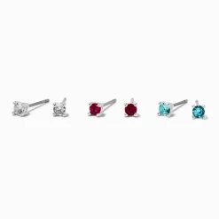 Silver-tone Cubic Zirconia 3mm Clear, Fuchsia, & Aqua Stud Earrings - 3 Pack
