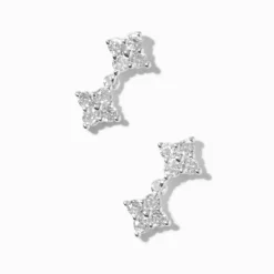 Silver-tone Cubic Zirconia Clover Micro Drop Earrings