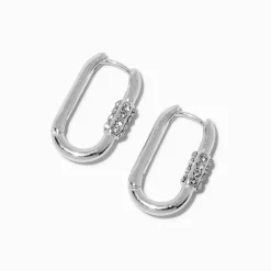 Silver-tone Pavé Crystal Carabiner Hoop Earrings