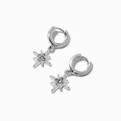 Silver-tone Starburst Charm Hoop Earrings