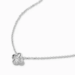 Silver-tone Textured Clover Pendant Necklace