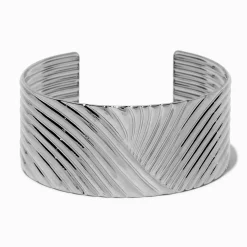 Silver-tone Thick Ribbed Cuff Bracelet