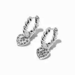 Silver-tone Twisted Crystal Pavé Heart Charm Hoop Earrings