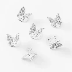 Spirales à cheveux avec strass papillon couleur argentée - Lot de 6