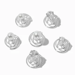 Spirales à cheveux perles d'imitation et strass en zircon cubique d'imitation couleur argentée - Lot de 6