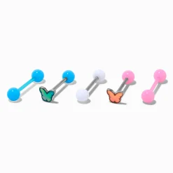 Stainless Steel Butterfly Dreams Barbell 14G Tongue Rings - 5 Pack