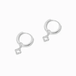 Sterling Silver Pavé Clover 12mm Clicker Hoop Earrings
