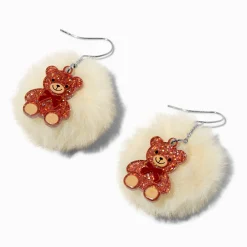 Teddy Bear Pom Pom 2" Drop Earrings