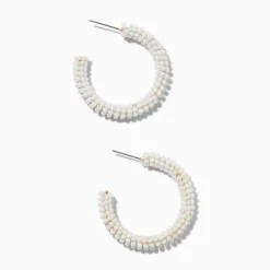 White Beaded Hoop Earrings