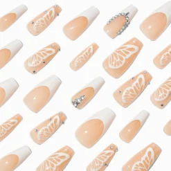 White Butterfly French Tip Bling Squareletto Vegan Faux Nail Set - 24 Pack