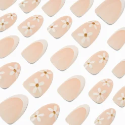 White Daisy French Tip Short Almond Vegan Faux Nail Set - 24 Pack