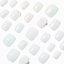 White Iridescent Pearl Squoval Vegan Faux Nail Set - 24 Pack